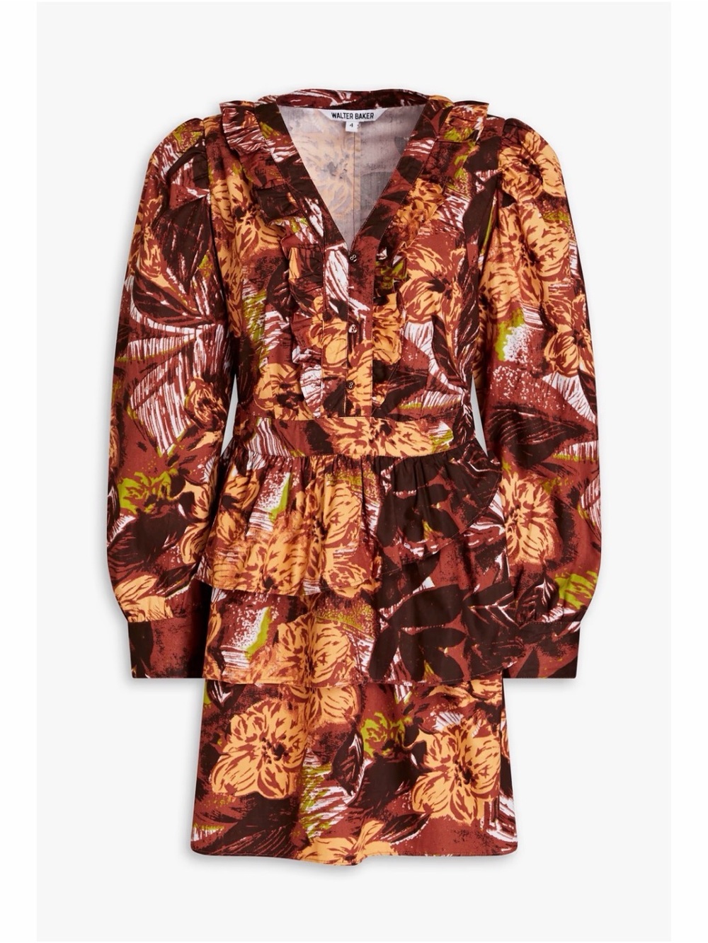 Walter Baker Josephina 100% Cotton Ruffle Long Sleeve Mini Dress Brown